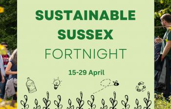 A sustainable Ƶ Fortnight Graphic with illustrations of flora, recycling, bottles, and a lightbulb.